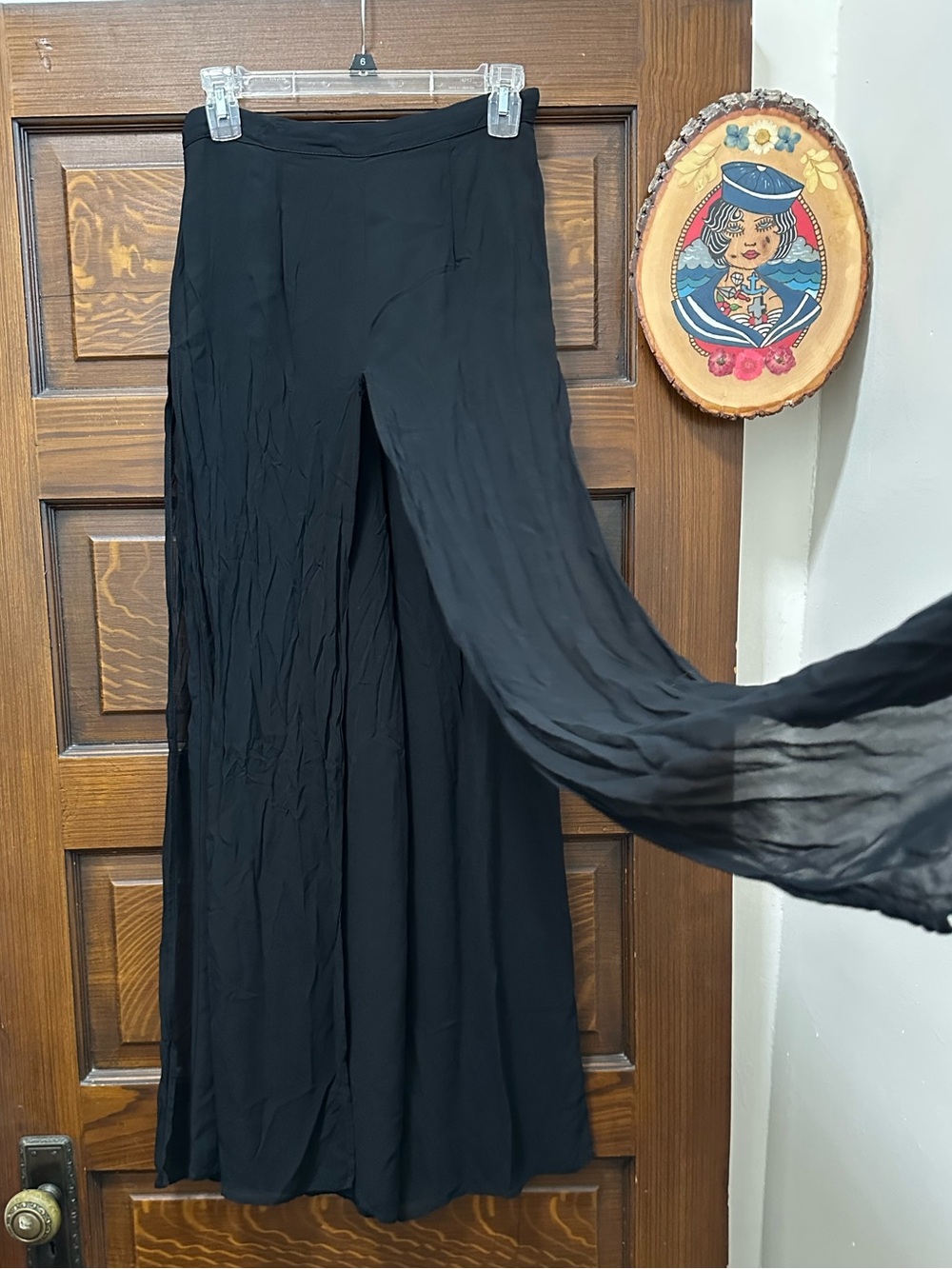 Vintage Cache Black Wide-Leg Sheer Pants with Sheer Overlay Panels, US Size 4